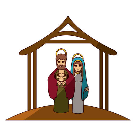 colorful image with virgin mary and saint joseph with baby in arms under manger and middle shadow vector illustrationのイラスト素材