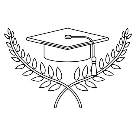 monochrome contour with crossed branchs with leaves and graduation cap vector illustrationのイラスト素材