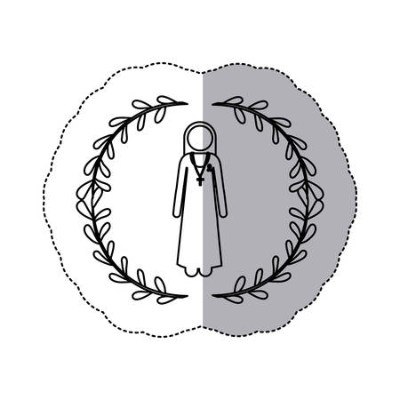 sticker slhouette arch of leaves and nun with ribbon of breast cancer vector illustrationのイラスト素材