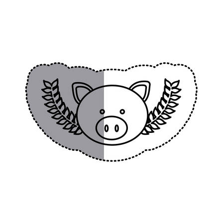 monochrome contour sticker with pig head and olive branchs and middle shadow vector illustrationのイラスト素材