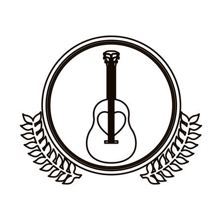 black contour circle with decorative olive branch and guitar vector illustrationのイラスト素材