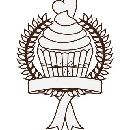 silhouette crown of leaves with cupcake with cream and heart cookie vector illustrationのイラスト素材