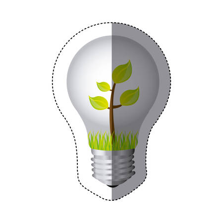 color sticker silhouette with bulb light and plant with stem and leaves vector illustrationのイラスト素材