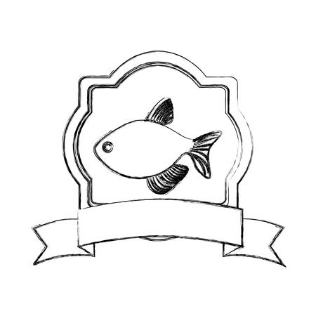 monochrome blurred line contour with emblem fish and ribbon vector illustrationのイラスト素材