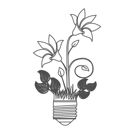 Grayscale contour with light bulb base with plant with flowers on white backgroundのイラスト素材