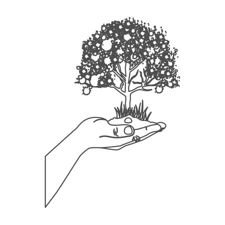 Grayscale contour with leafy tree over hand on white backgroundのイラスト素材