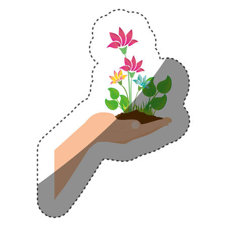 Sticker of plant with flowers over handのイラスト素材