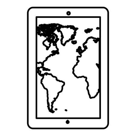 monochrome contour tablet in vertical position and world map wallpaper vector illustrationのイラスト素材