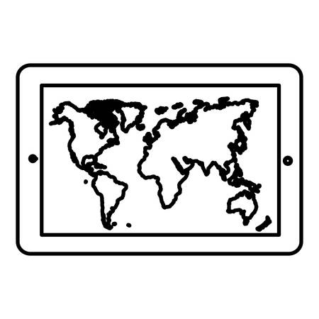 monochrome contour tablet in horizontal position and world map wallpaper vector illustrationのイラスト素材