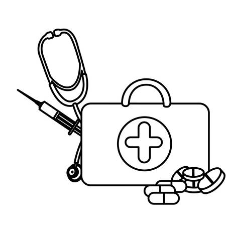 silhouette suitcase health with stethoscope, syringe and treatment, vectorのイラスト素材