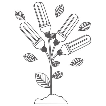 grayscale contour with plant stem with leaves and fluorescent bulbs vector illustrationのイラスト素材