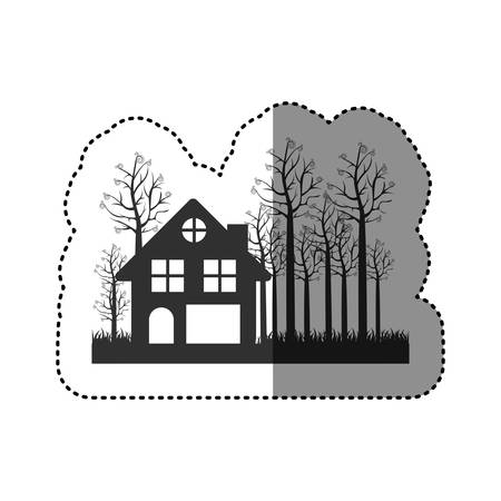 sticker of black silhouette of cottage in the forest in white background vector illustrationのイラスト素材