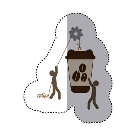 sticker colorful workers with pulley holding big disposable for hot drinks with lid vector illustrationのイラスト素材