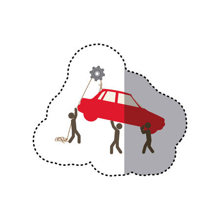 sticker colorful workers with pulley holding small automobile vector illustrationのイラスト素材