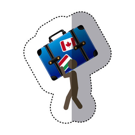sticker colorful worker holding up travel luggage vector illustrationのイラスト素材