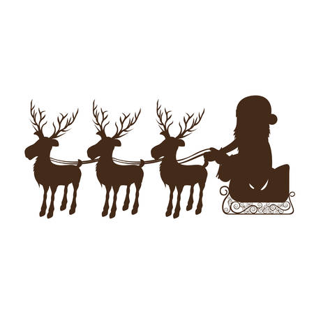 monochrome silhouette with set of three reindeers and santa claus in sleigh vector illustrationのイラスト素材