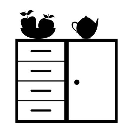 Monochrome silhouette of kitchen shelf and drawers with tea kettle and fruits vector illustration.のイラスト素材