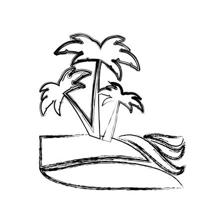 blurred silhouette island with two palms and ocean vector illustrationのイラスト素材