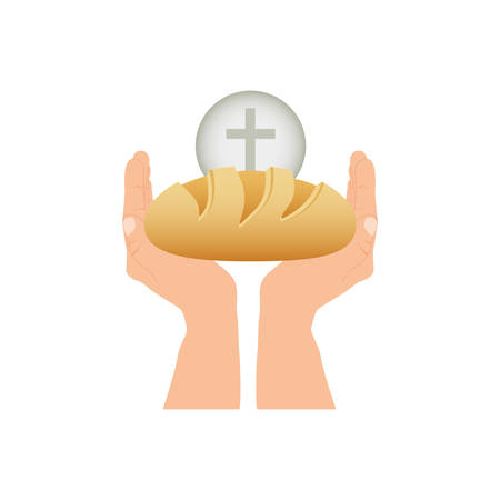 color silhouette of hands holding bread with sphere with cross symbol in background vector illustrationのイラスト素材