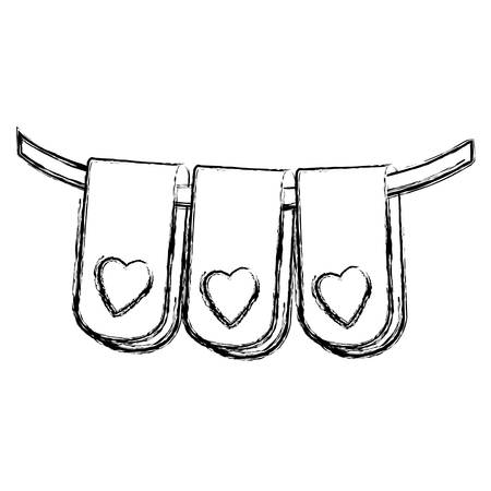 blurred silhouette set flag in a rope for decoration with heart shape inside vector illustrationのイラスト素材