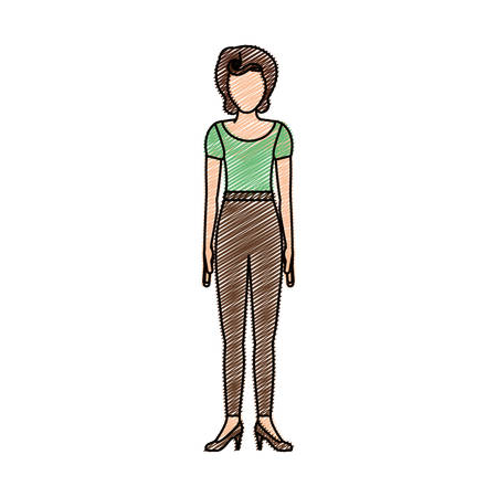 color pencil drawing of woman with green t-shirt and pants retro style vector illustrationのイラスト素材