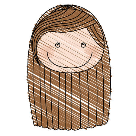 Color pencil drawing of caricature front face girl with brown striped long hair vector illustrationのイラスト素材