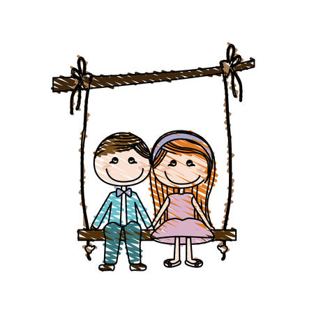 Color pencil drawing of caricature couple sit in swing hanging from a branch vector illustrationのイラスト素材