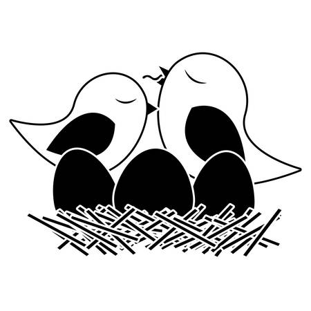 black silhouette of bird in nest with eggs and chick vector illustrationのイラスト素材