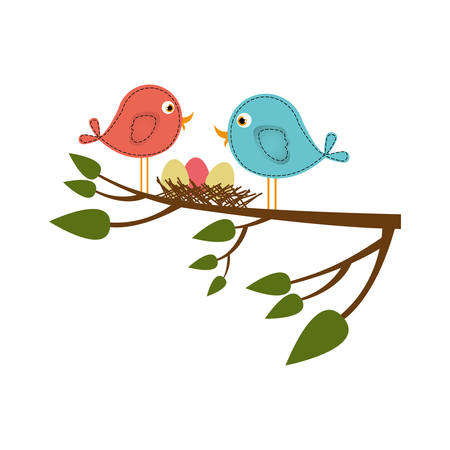 Colorful silhouette of birds and nest in tree branch in closeup vector illustrationのイラスト素材
