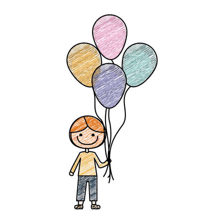 color pencil drawing of caricature of smiling kid with t-shirt and pants with many balloons vector illustrationのイラスト素材