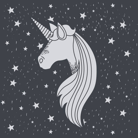 Monochrome background with stars pattern and faceless unicorn head vector illustrationのイラスト素材