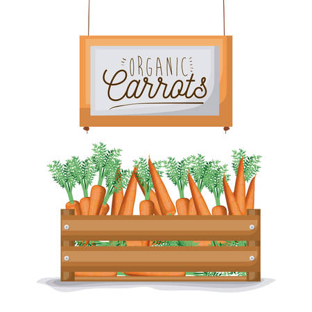 Colorful background with wooden box with organic carrots vector illustrationのイラスト素材