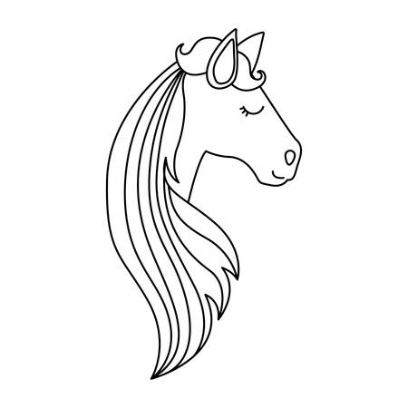 monochrome silhouette of face side view right of female unicorn and long striped mane vector illustrationのイラスト素材