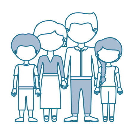 blue contour with color sections faceless family group in formal suit and taken hands vector illustrationのイラスト素材