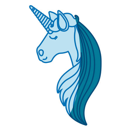 blue silhouette of of face side view of female unicorn and long striped mane vector illustrationのイラスト素材