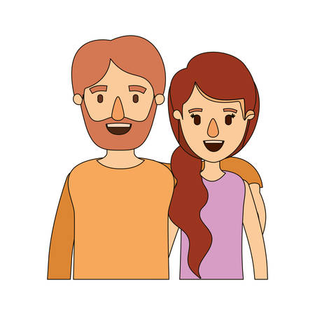 color image caricature half body couple woman with ponytail side hair and bearded man vector illustrationのイラスト素材