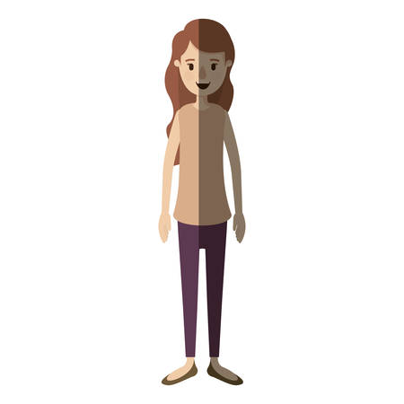 Light Color Shading Caricature Full Body Woman With Wavy Long Hair