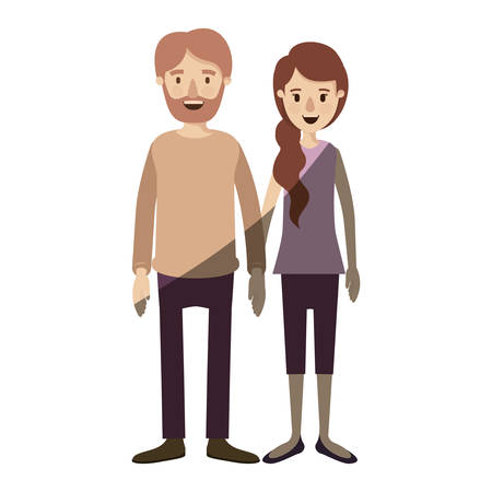 light color shading caricature full body couple woman with ponytail side hair and man in casual clothing vector illustrationのイラスト素材