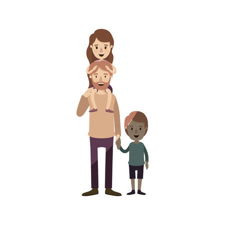 light color shading caricature bearded father with girl on his back and boy taken hands vector illustrationのイラスト素材