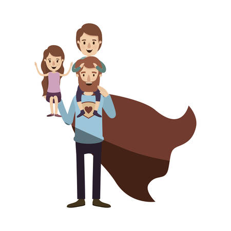 light color shading caricature full body super dad hero with girl on his hand and boy on his back vector illustrationのイラスト素材
