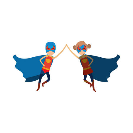 colorful silhouette with faceless duo of superheroes flying united of the hands and her with collected hair and shading vector illustrationのイラスト素材