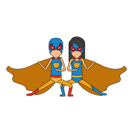 colorful silhouette with faceless duo of superheroes in defensive pose and her with straight long hair and closed eyes vector illustrationのイラスト素材