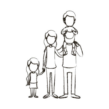 blurred silhouette caricature faceless big family parents with boy on his back and daugther taken hands vector illustrationのイラスト素材