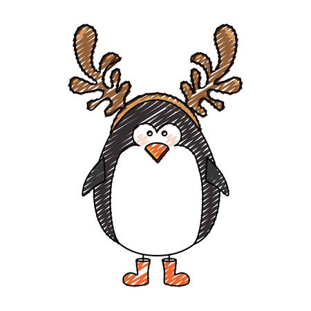 color crayon stripe cartoon of penguin with horns of reindeer vector illustrationのイラスト素材