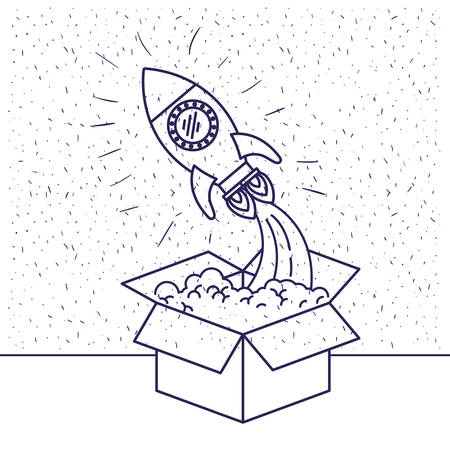 white background with blue silhouette of space rocket coming out of the box vector illustrationのイラスト素材