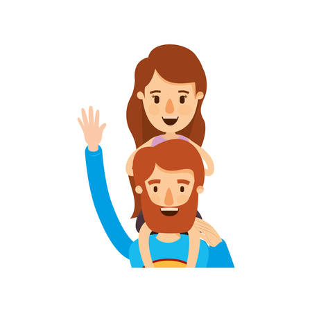 Colorful caricature half body super dad hero greeting with girl on his back vector illustrationのイラスト素材