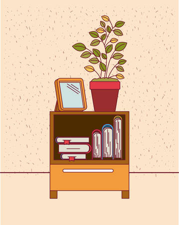 color background with sparkles and decorative cabinet table with books and plantpot vector illustrationのイラスト素材