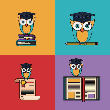 multicolored set background with owl with school and graduation elements vector illustrationのイラスト素材