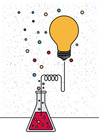 white background with sparkles of glass beaker connected to light bulb and dots vector illustrationのイラスト素材