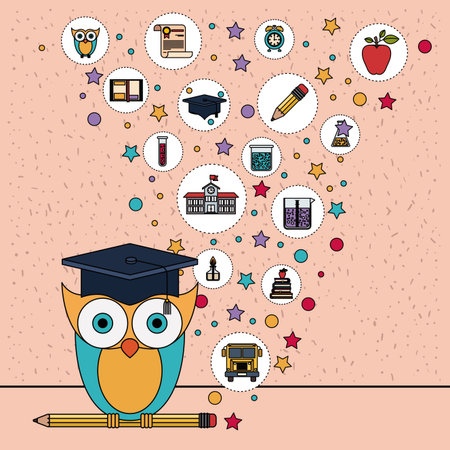 color background with sparkles of owl on pencil with education element icons vector illustrationのイラスト素材